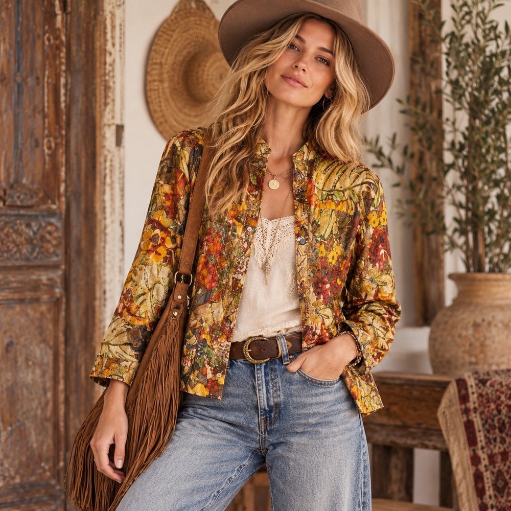 Chicos Boho Floral Silk Jacket Womens Size XS 0  Metallic Artsy Slouchy Blazer